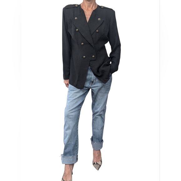 Vintage 80s Black Military Blazer Gold Buttons Power Suit Jacket Structured - Picture 2 of 16